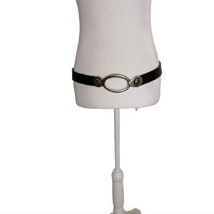 Belt Women's S Genuine Leather Black Silver Tone Oval Chunky Adjustable